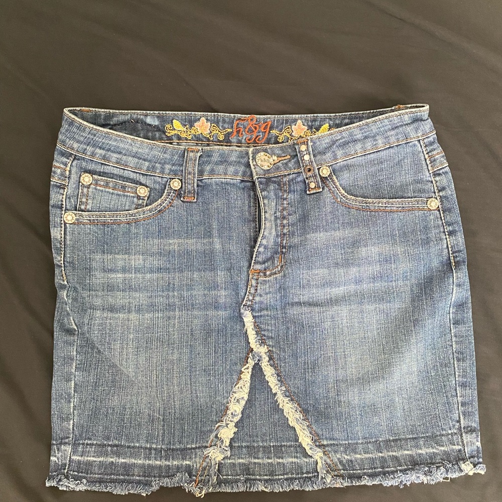 Denim Mini Skirt with Frayed Front Slit - Blue